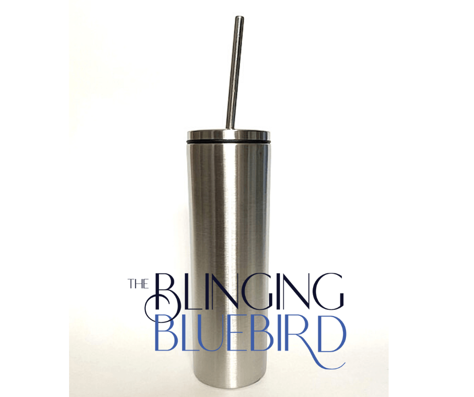 20oz Skinny Double Wall Stainless Steel Tumbler With Screw Lid And Metal Straw - The Blinging Bluebird